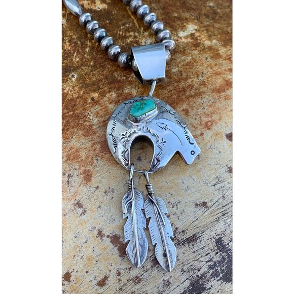 Navajo SS Beaded Necklace with Bear and Feather Pendant by JC Delgarito - Picture 9 of 11